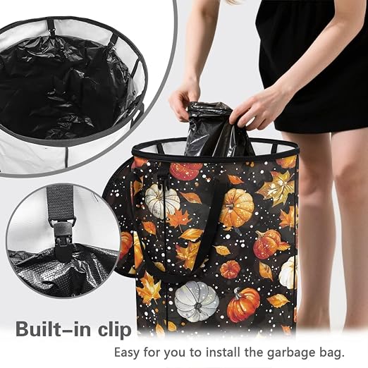 doginthehole Fall Maple Leaves Pumpkin Collapsible Trash Can Portable Tall Trash Can Recycling Bin 22.83x17.71 Outside Garbage Bin Storage Bag with Clip and Zipper Lid, Fall Decorations for Outdoor