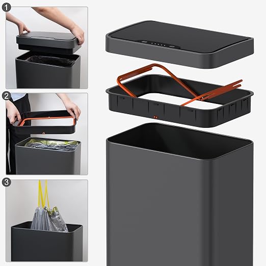 Mbillion 15 Gallon Touchless Motion Sensor Trash Can | Rectangular grey smart garbage can with lid, automatic touchless design for kitchen, bedroom, home & office use
