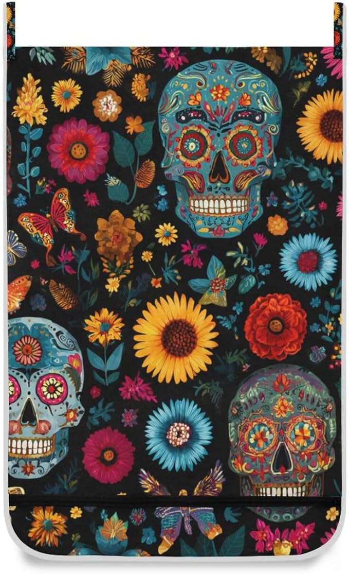 Mexican Skulls and Flowers Hanging Laundry Hamper Door Hampers Bag Basket with Stainless Steel Hooks Oxford Fabric Printing Decorative Clothes Bags 29.5X20inch 2Pack