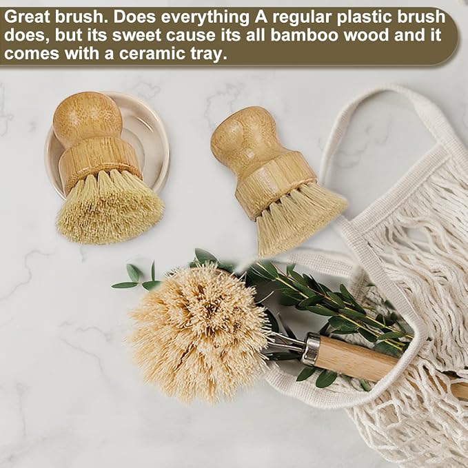 Wooden Dish Brush Set Clean Pots, Pans and Vegetable, Natural Bristles Bamboo Scrub Brushes with Ceramic Dish - 1 Long Handle Dish Brush + 2 Palm Scrubbing Brush