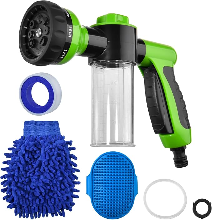 Dog Wash Hose Attachment with Soap Dispenser, 8 Spray Patterns | ABS Nozzle, TPR-Coated Grip, with 100cc Soap Dispenser, Car Wash Glove, Pet Brush, Quick Connector & Tape, for Car Wash & Dog