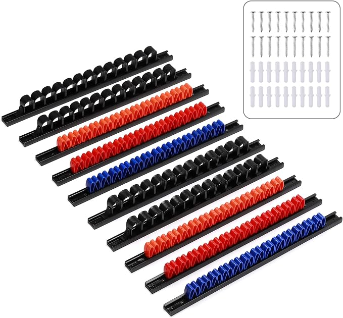 CASOMAN 10 pcs Screwdriver Organizer and Wrench Organizer, Wall Mount, Hand Tool Holder, Plastic Rail Wrench Hanger with Clips