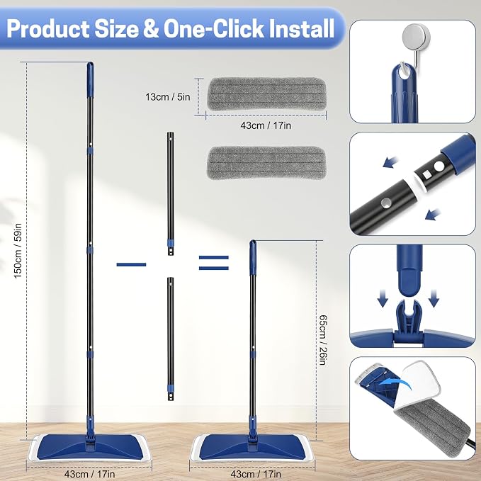 BUVE Microfiber Flat Mop for Hardwood Floors Cleaning | Wet Dry Use|360°Swivel Head|2 Washable Pads|Silicone Bumper Edge|59" Adjustable Handle for Vinyl,Laminate,Tile Floor Dust