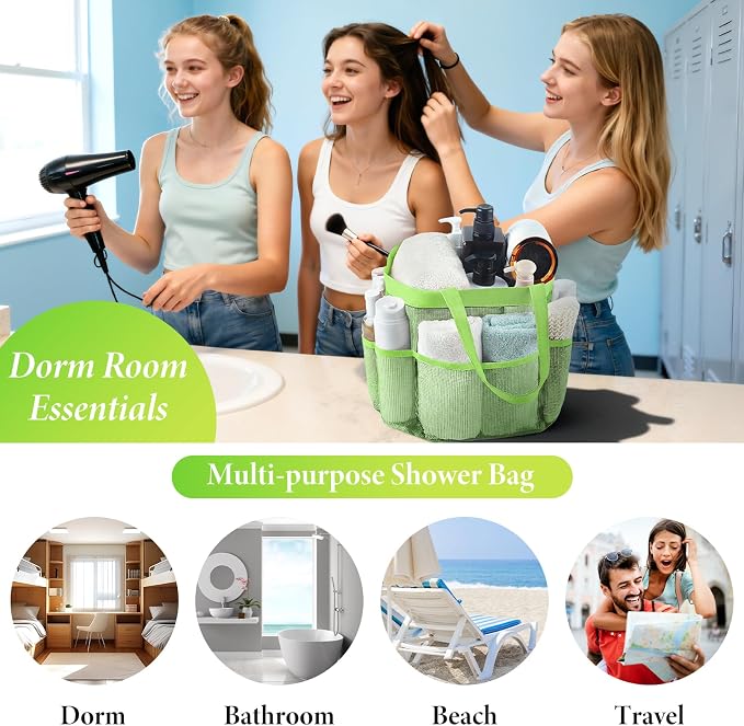 Mesh Shower Caddy Portable - 9 Pockets, Shower Bag for Dorm Room Camping | 2 Handle Quick Dry Shower Bag College Dorm Room Essentials Large Capacity Hanging Basket for Bathroom Travel Swimming Gym