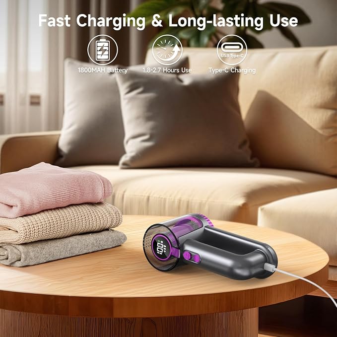 Powerful Fabric Shaver for Clothes, Safe Lint Remover with 2 Extra Replacement Blades, LED Display, Rechargeable 3-Speeds Sweater Shaver for Wool, Cashmere, Knits & Furniture