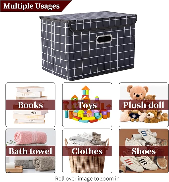 STOREONE Fabric Storage Cube Bins Foldable Organizer Container Collapsible Basket with Lids and Metal Handles, for Home, Bedroom, Closet 6 Pcs (Black grid)