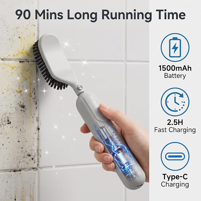 Reciprocating Electric Scrubber for Tile & Grout, Scrub Brush for Cleaning | 2 Brush Heads, 90 Mins Runtime, Versatile Kitchen & Bathroom Cleaning Tools, Stiff Bristle Brush for Crevice, Sink, Tub, Dish