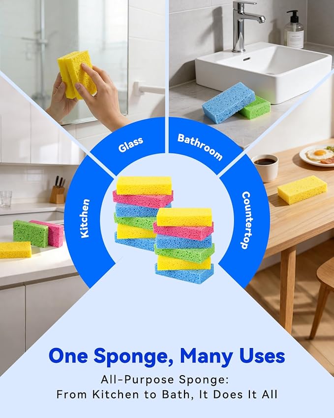 Temede 12-Count Cellulose Sponges, Heavy Duty Kitchen Sponges, Non-Scratch | Pop-Up Compressed Cellulose Dish Sponges, with a Durable and Firm Texture for Cookware, Bathroom and Household Cleaning
