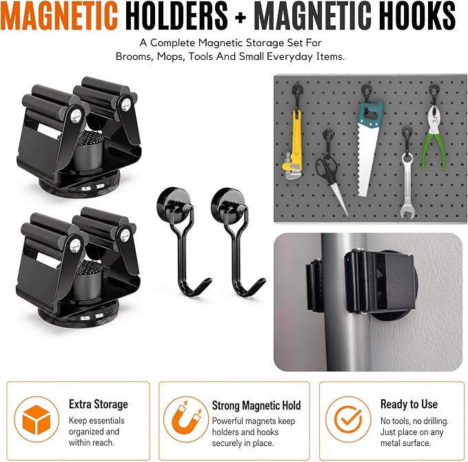 3-H 8 Pack Magnetic Broom Holder with 8 Pack Mini Magnetic Hooks,Black | Stainless Steel No Drill Mop Holder, Movable Magnet Tool Organizer for Garage Laundry Kitchen Garden RV