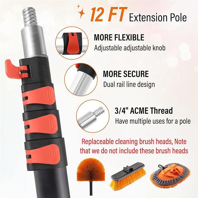 18FT High Window Cleaning Kit with Pole,Professional 2 in 1 Window Squeegee | 3-12FT Window Clean Pole Kit,2 Squeegee & 2 Microfibre Cloths,180°Rotatable Squeegee for Indoor/Outdoor High Windows