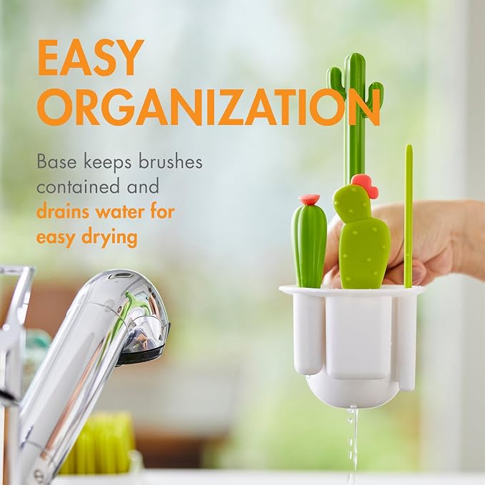 Boon Cacti Bottle Cleaning Brush Set - Includes Bottle Brush, Nipple Brush, Detail Brush, and Straw Brush - Baby Bottle Brush Set for Bottle Drying Rack - Baby Essentials - 4 Count | 4-Piece Set, Bottle Brush, Straw Brush, Nipple Brush, Detail Brush, D...