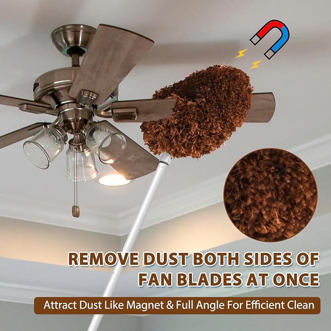 FONUNO Ceiling Fan Cleaner Duster High Ceiling Extended Fan Blade Cleaner | Reusable Microfiber Ceiling Fan Duster with Extension Handle from 13 to 50 Inch for Furniture Bookshelves Wall Door, Brown
