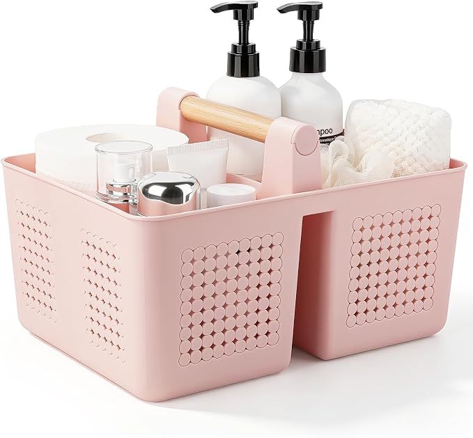 Portable Shower Caddy Basket Plastic Caddy Organizer with Handle Pink | Sturdy Drainage Large Capacity Cleaning Supplies Caddy Tool Storage for Bathroom Kitchen Bedroom College Dorm Essentials