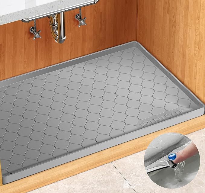 Winisok Waterproof Under Sink Mat 34" x 22", Silicone Mat, Light Gray | Raised Edge Traps Spills & Leaks, Shelf Liner, Cabinet Protector, for Kitchen, Bathroom, Boots, Pets, Home Essentials