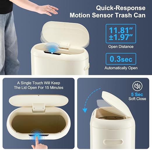 Garvee 13 Gal Sensor Trash Can - Touchless Automatic Kitchen Garbage Bin | Quick-Response Sensor, Ultra-Slim Space-Saving, Quiet Soft-Close Lid, Anti-Slip Bag Ring, Battery-Powered Smart Can