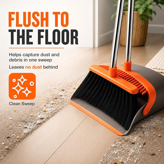 Broom and Dustpan Set, Upgraded Broom with Dustpan Combo Set with 56" Tall Adjustable Handle, Self-Cleaning Teeth, Upright Standing Dust Pan for Heavy Duty Indoor Outdoor Cleaning and Pet Hair
