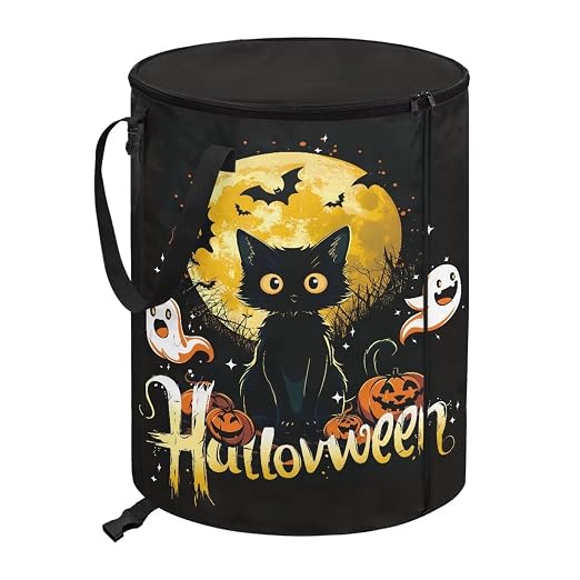 doginthehole Halloween Decorations Collapsible Trash Can with Lid Cute Black Cat Pumpkin Garbage Can Waterproof Portable Waste Bin for Camping, Yard, Picnic, Patio Halloween Party Supplies Fall Decor