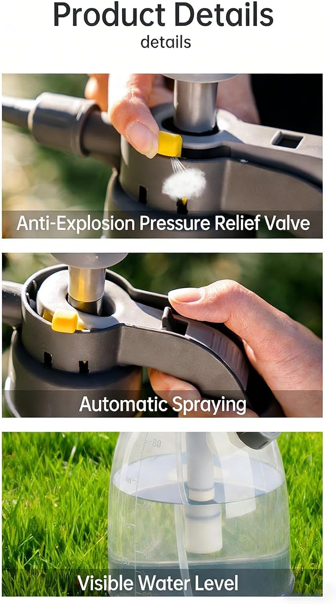 GLOGLOW Hand Pump Sprayer, 3L 0.8Gallon Pressurized Spray Bottle with 360 Rotating Adjustable Nozzle and Side Liquid Filling Port, for Garden and Car