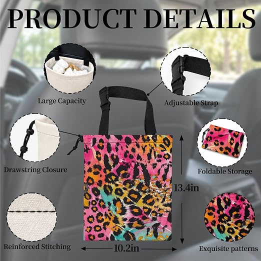 Colorful Leopard Print Car Garbage Bag Canvas Trash Can | Trendy Y2K Cheetah Print Drawstring Car Trash Bag Hanging for Back Seat with Adjustable Buckle