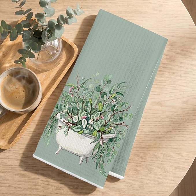 3 Pcs Eucalyptus Hand Towels 24x14 Inch, Botanical Reusable Dish Towels | Waffle Weave Hand Cloth Tea Towel for Kitchen Farmhouse Decor, Green Leaves Gifts for Women Friend