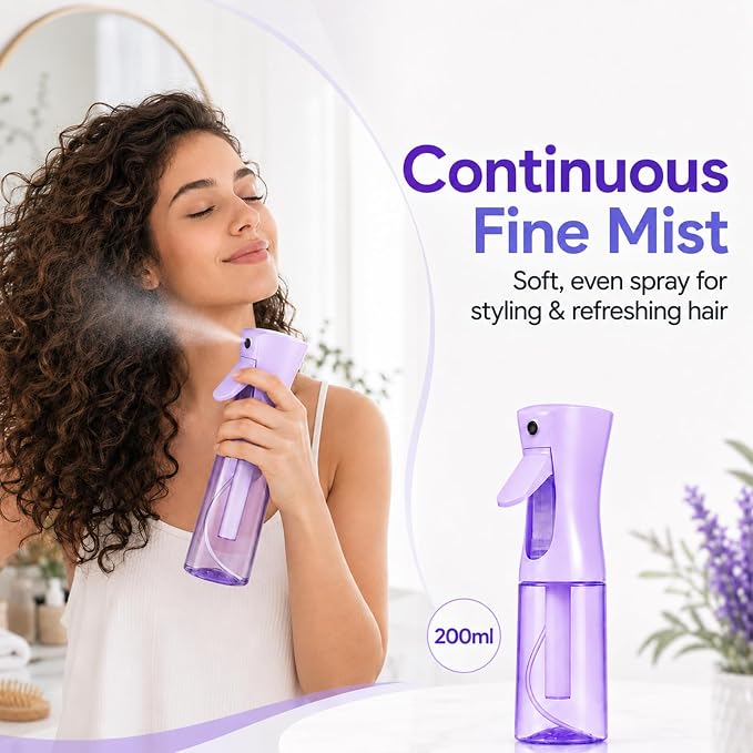 3 PCS Spray Bottles, 2-Pack Continuous Spray Bottles,Fine Water Mist Spray Bottles for Hair 6.8 OZ (200 ML) and 1oz 30ml Travel Spray Bottle Mister (Purple+Green)