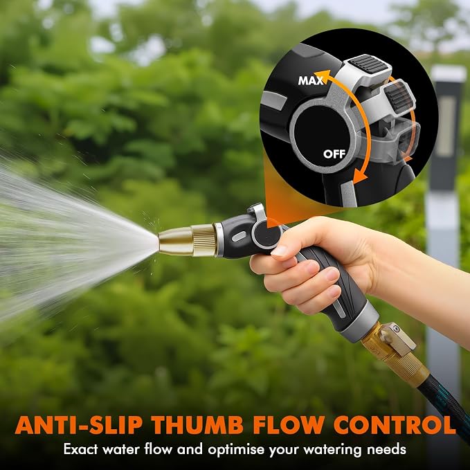 RESTMO Garden Hose Nozzle, Heavy Duty Water Hose Sprayer Nozzle, Silver | Brass Head, Thumb Control, Adjustable 4 Spray Patterns, Leak-proof, Metal Hose Nozzle for Outdoor Lawn & Plant & Car
