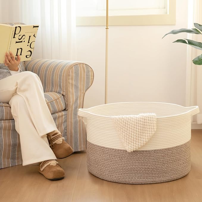OIAHOMY 90L XXXLarge Blanket Basket for Living Room, 21.7" x 13.8" Woven Cotton Rope Laundry Basket for Organizing Pillows, Decorative Stuffed Animal Toy Storage for Nursery, White and Linen Brown