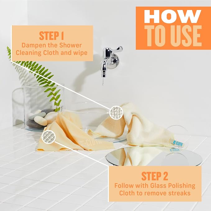 E-Cloth Shower Cleaning Kit, Reusable Microfiber Cleaning Cloth, Ideal Shower Cleaner for Glass, Tile, Ceramic, Bathroom and Bathtub, 100 Wash Guarantee, Ivory, 2 Cloth Set