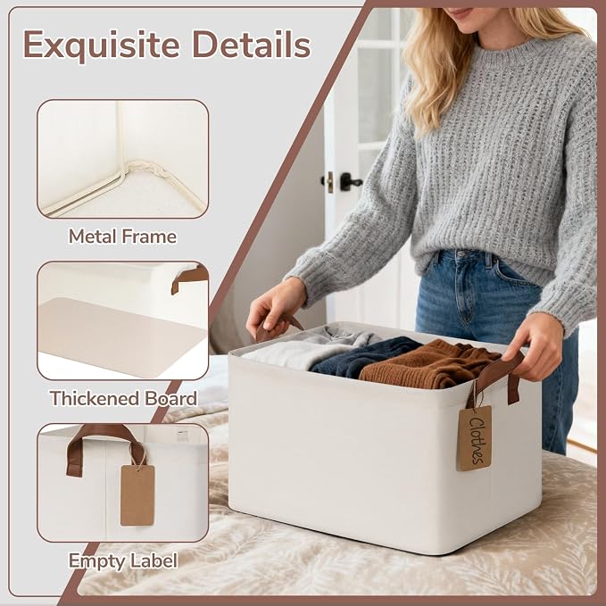 CHICVITA 4 Pack Large Fabric Storage Baskets for Shelves, 30L Beige | 16.8" × 11" × 9.8" Closet Storage Bins for Clothes, Towels & Blankets, Collapsible, Metal Frame, Leather Handles