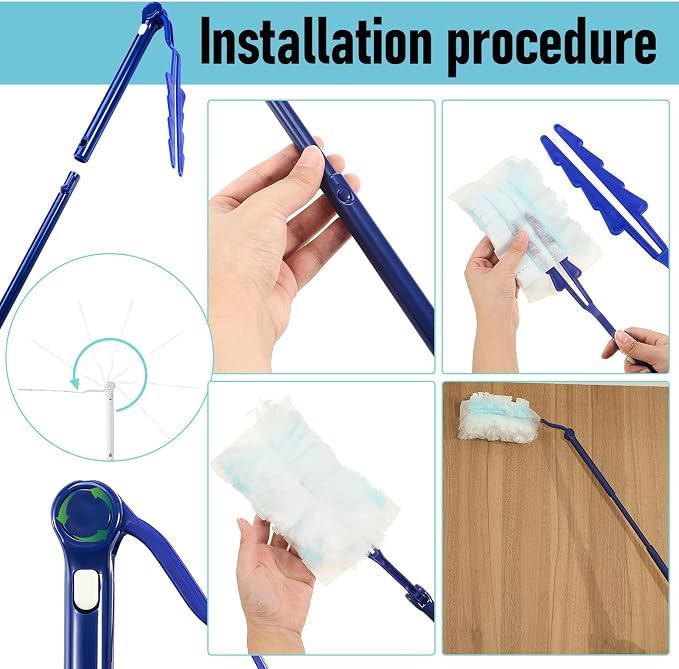 Colingmill 4 Pcs 3 ft Replacement Handles Compatible with Duster Refills | For Ceiling Fans, Blinds, Shelves, Windows, Long Extended Handle Only, Blue, Foldable, Durable PET, 270° Rotating Head