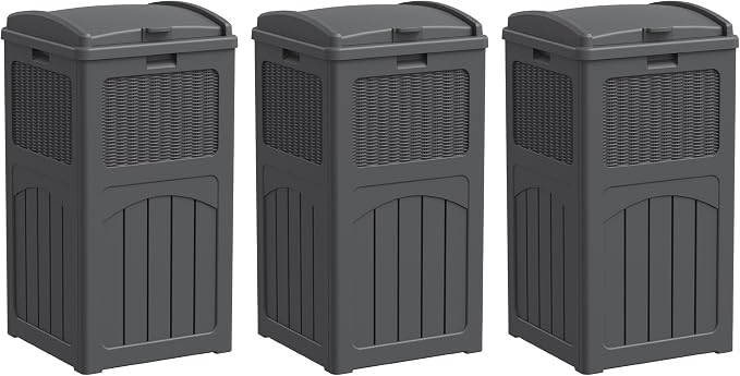 Greesum 33 Gallon Outdoor Trash Can with Lid, Waterproof, 3 Pack, Gray | Resin Garbage Bin for Hideaway, Deck, Patio