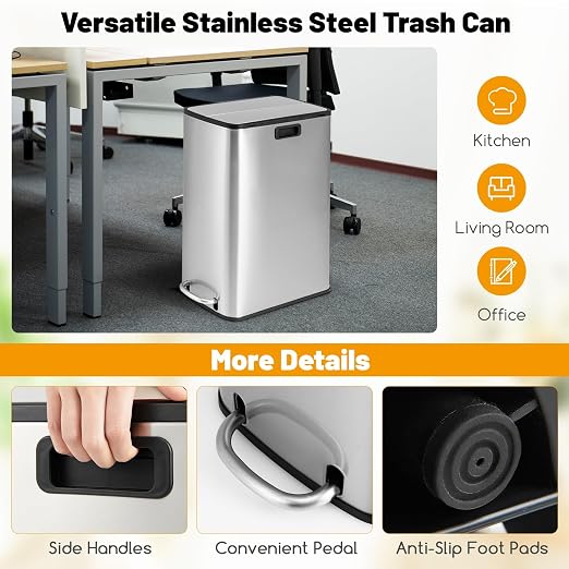 Goplus 12 Gallon Stainless Steel Trash Can, Kitchen Waste Bin with Soft-Closing Wing Lids & Removable Inner Bucket, Slim Step Garbage Can for Living Room Home Office, Silver