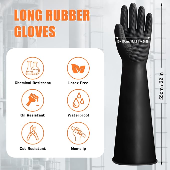 22"Black Anti-Slip Chemical Resistant Rubber Gloves, Long Heavy Duty Glove, Industrial Safety Work Protective Gloves for Men, Forearm Protection Waterproof Resist Strong Acid, Alkali, Oil, XL Size