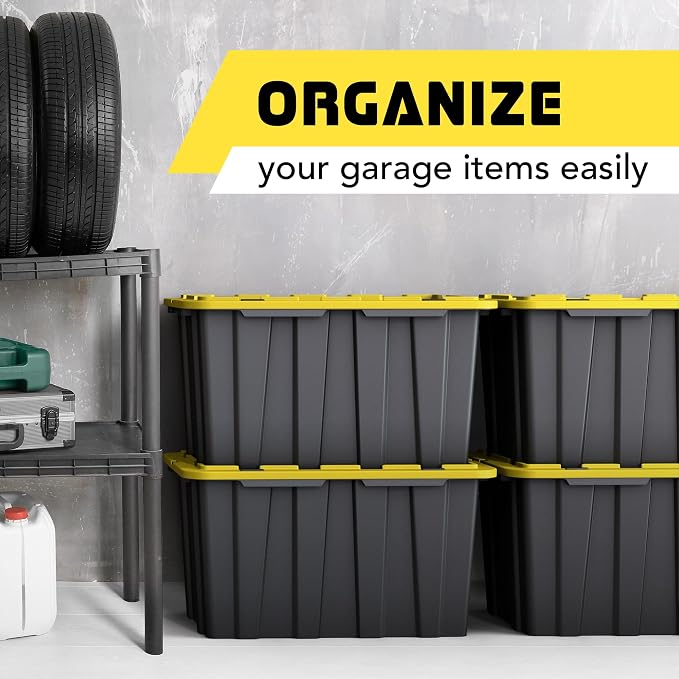 4 PACK of 17 Gallon Large Black & Yellow Storage Bins | Plastic Tote Organizing Container with Secure Latching Lids, Stackable, Extra Strength with Built in Handle | 24.5" x 16.5" x 13.5"