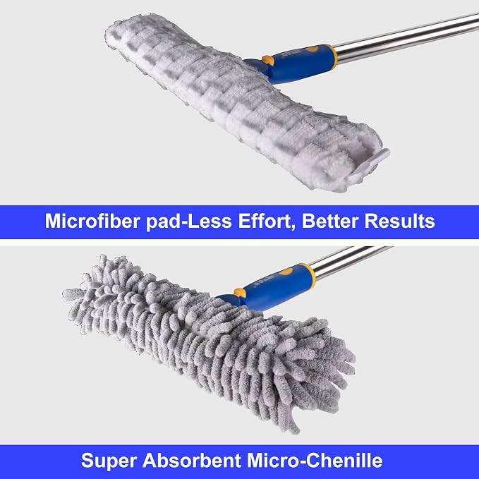 Window Squeegee with 75" Extension Pole, ITTAR Rubber Water Wiper for Glass | Durable Stainless Steel Rod, Rotatable Head for Window Edge, Chenille & Microfiber Pad, Squeegee for Variety Cleaning Needs