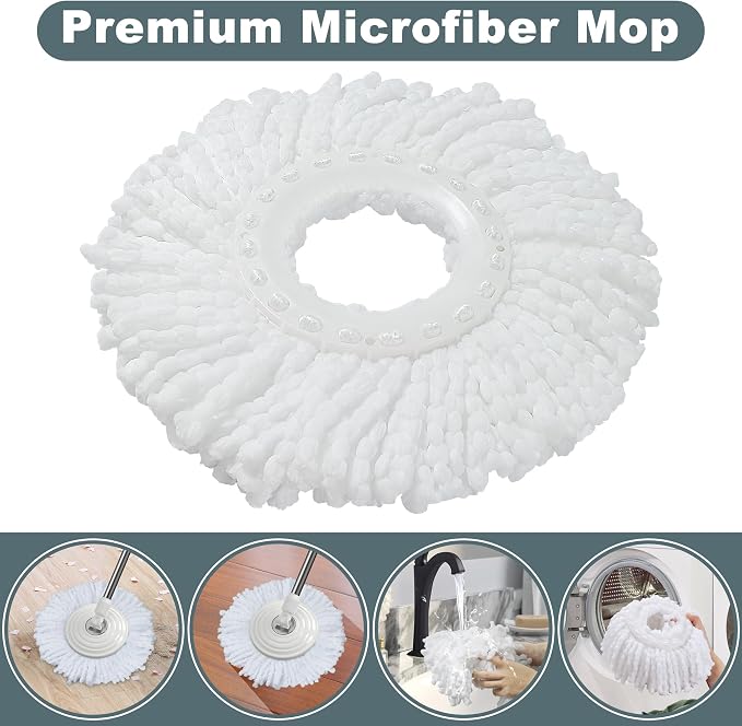 Traditional Large Spin Mop and Bucket, 2 Gal Capacity, White | 2 Rolling Wheels, Pull Handle, 61-Inch Handle, 6 Mop Heads, Easy Wringing, For Family Homes, Hardwood, Laminate & Tile Floors