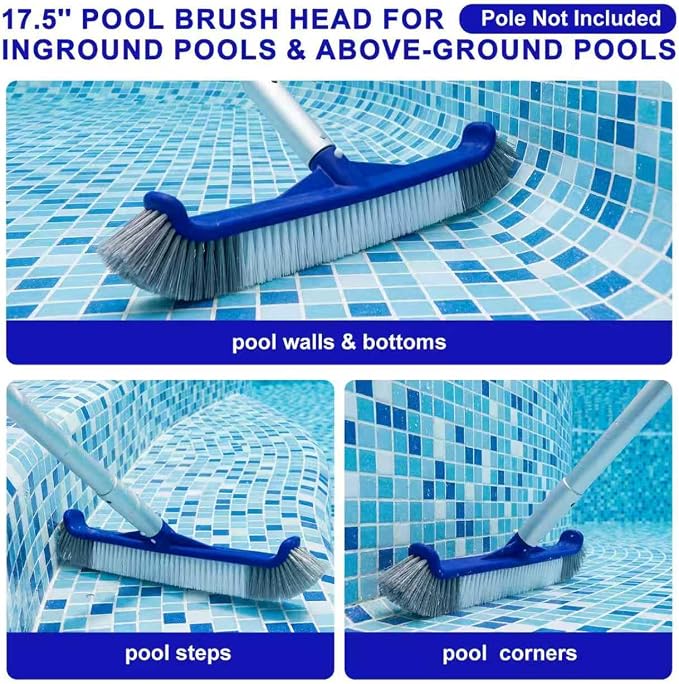 POOLAZA 17.5" Pool Brush Head with Curved Ends & Premium Nylon Bristles | Enhanced Integrated Structure, 17.5" Wide Cleaning Path, Safe for Vinyl Liners, EZ Clip Design Fits Standard Pool Poles