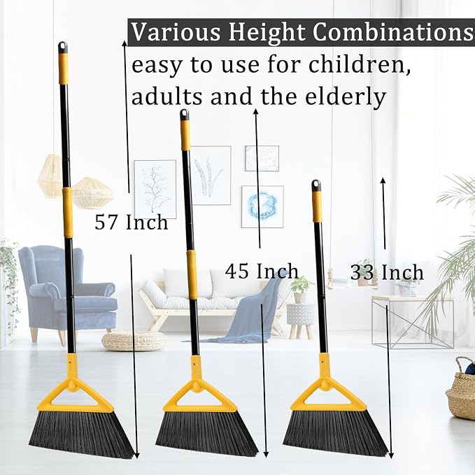 Heavy Duty Yellow Angle Broom with Long Handle - 3 Pack | Versatile Indoor/Outdoor Sweeping, for Courtyard/Garage/Sidewalk/Kitchen/Lobby/Canteen, Durable & Efficient