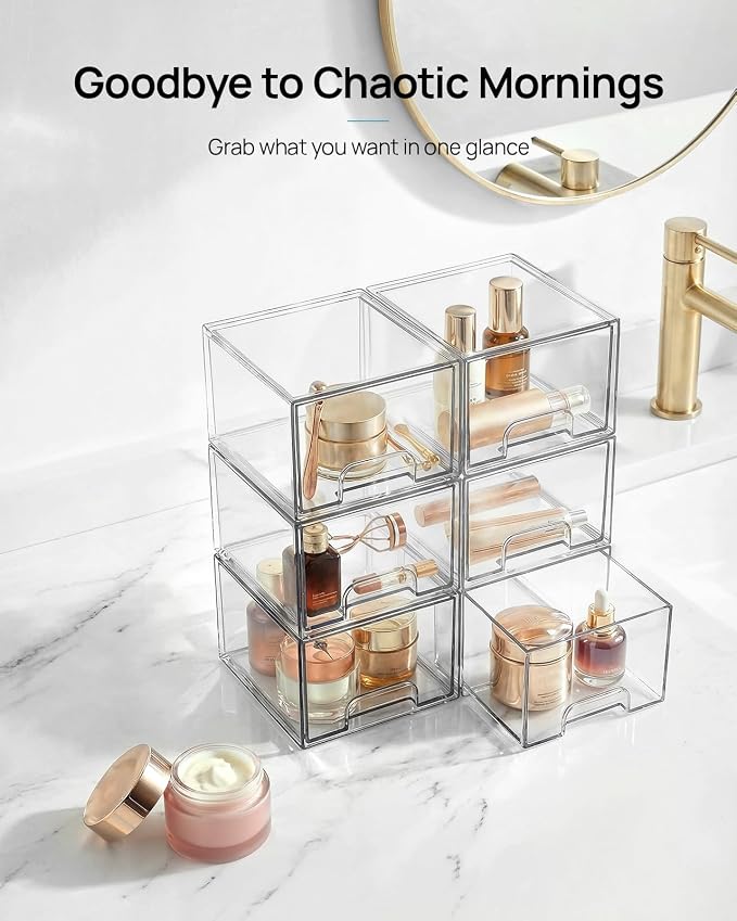 Vtopmart 4 Pack Small Clear Stackable Storage Drawers, Fits Narrow Spaces | Multi-Use Plastic Bins for Bathroom Cabinet Organizer, Makeup, Desk, Vanity, Undersink, Medicine ,Keeps Small Items Organized