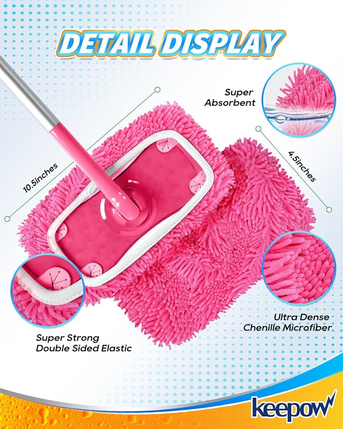 KEEPOW 4Pcs Pink Chenille Reusable Mop Pads Compatible with Swiffer Sweeper | Pink chenille refills for aesthetic home cleaning & color-coding, Washable pet hair pads fit standard 10-12" flat mops