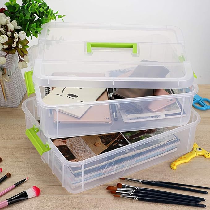 BTSKY 2 Layer Stack & Carry Box, Plastic Multipurpose Portable Storage Container Box Handled Organizer Storage Box for Organizing Stationery, Sewing, Art Craft, Jewelry and Beauty Supplies Green | Multipurpose Craft Organizers and Storage for Organizin...