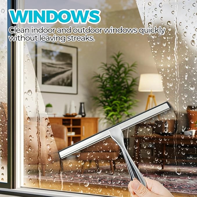 Shower Squeegee for Glass Doors, Tile Walls, Mirrors and Windshields | 10" Silver, Bathroom Accessories, Window Cleaner, New Home Essentials, Silicone Blade, Metal Handle, Adhesive Hook