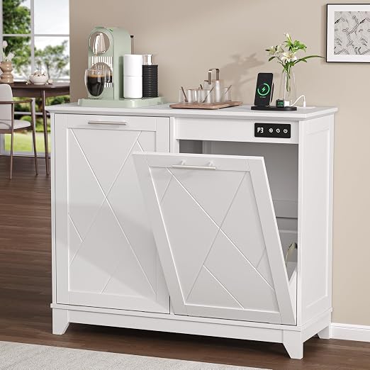 Double Tilt Out Trash Can Cabinet with Charging Station, Negative Ion Odor Control, Hidden Dual 10-Gallon Recycling Cabinet, Dog Proof Garbage Can for Kitchen, Laundry, Dining Room,White