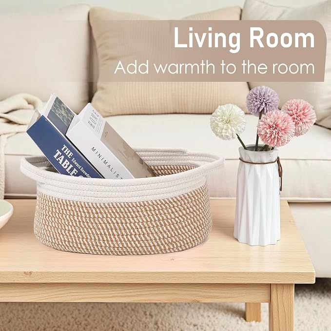 JMvicyroam Small Woven Basket, Empty Gift Basket, White&Brown Block/2 Pack | Small Gift Basket, Cotton Rope, 12 x 8 x 85 in, Handles, Includes Ribbon and Bag, Birthday Gift Basket