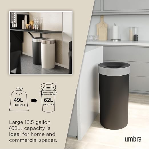 Umbra Vento Kitchen Trash Can, Open Top Bin, 16.5 Gallon, Black/Nickel | Brushed metal accents, bag concealing design, easy wipe clean, fits home and office, durable plastic