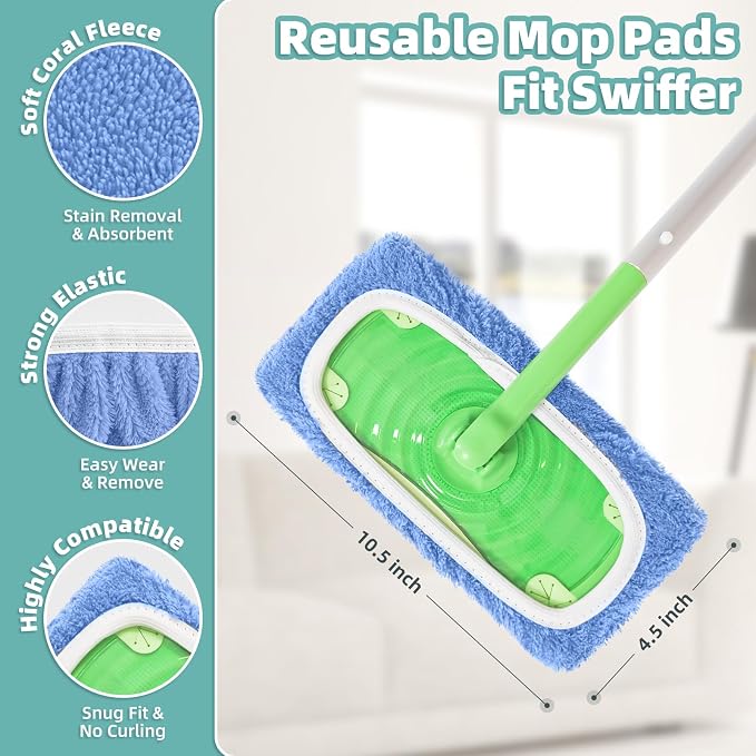 Reusable Mop Pads for Swiffer Sweeper Mop, Microfiber Dry Sweeping Cloths | Machine Washable Wet Pads Refill for Use on All Sealed Floors - Stone, Hardwood, Laminate & Tile (6 Blue)