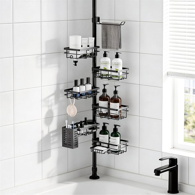 Shower Caddy Organizer Tension Pole, Corner Shower Shelves Bathroom Storage | 6 Tier Shelf, Rustproof 30-120’’ Adjustable, Towel Bar&Soap Dish for Bathroom Organizers, Shower Rack for Inside Shower,Black
