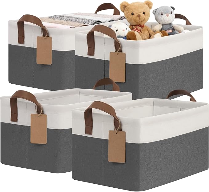 CHICVITA 4 Pack Fabric Storage Bins for Shelves, 20L Gray & White | 14.8" × 10.3" × 8.3" Collapsible Storage Baskets for Toys, Clothes & Books, Fits Nursery & Living Room Organization