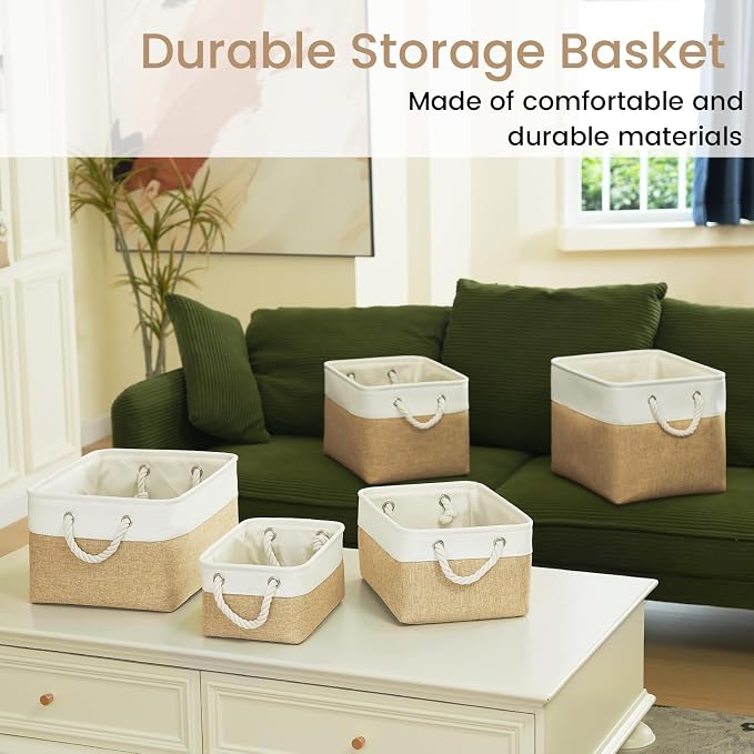 13.8x9.8x6.7 Inch Fabric Small Storage Bins with Handles 3 Pack | Foldable Storage Basket, Sturdy Metal Strand, Cardboard Support Molding, Small Baskets for Organizing, Shelves, White/Khaki