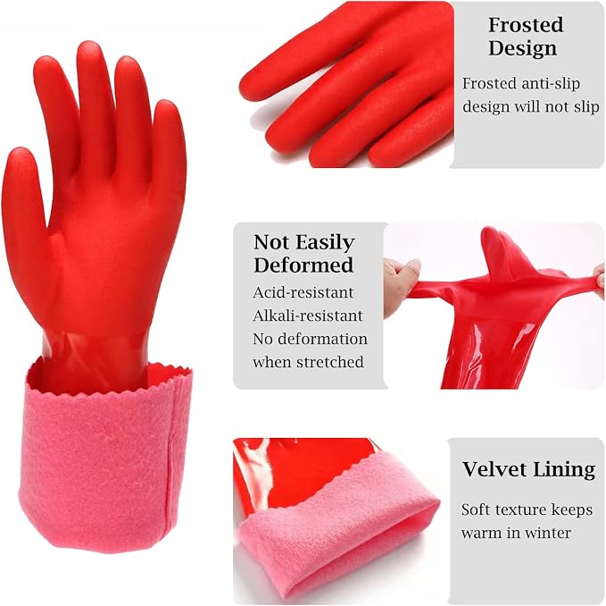 KAQ PVC Rubber Gloves with Cotton Lined: Anti-Slip Dishwashing Gloves 3 Pairs for Kitchen Washing Dishes - Heavy Duty Household for Working Painting Pet Care Handling Chemicals